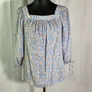 LC Lauren Conrad Blue & Orange Floral Print 3/4 Sleeve Square Neck Blouse